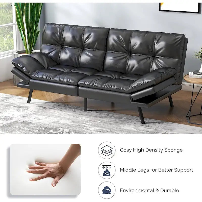 Divano letto futon trasformabile in similpelle Nero/Marrone, schienale sdoppiato regolabile, matrimoniale, per 2 persone
