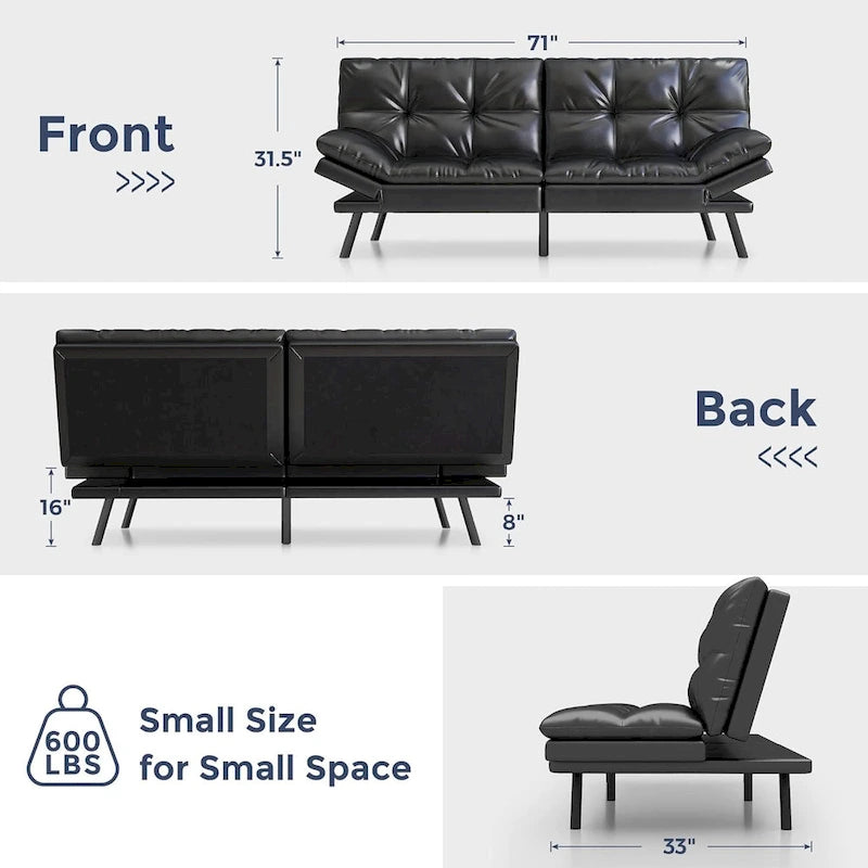 Divano letto futon trasformabile in similpelle Nero/Marrone, schienale sdoppiato regolabile, matrimoniale, per 2 persone