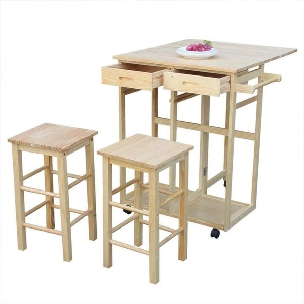 Brown/Yellow, Foldable, 3-Seat Kitchen Cart with Stools