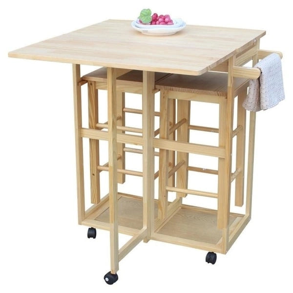 Brown/Yellow, Foldable, 3-Seat Kitchen Cart with Stools