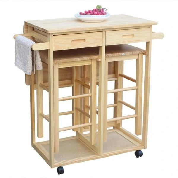 Brown/Yellow, Foldable, 3-Seat Kitchen Cart with Stools