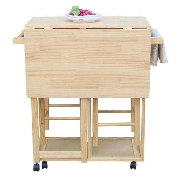 Brown/Yellow, Foldable, 3-Seat Kitchen Cart with Stools