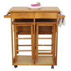 Marrone/giallo, pieghevole, carrello da cucina a 3 posti con sgabelli