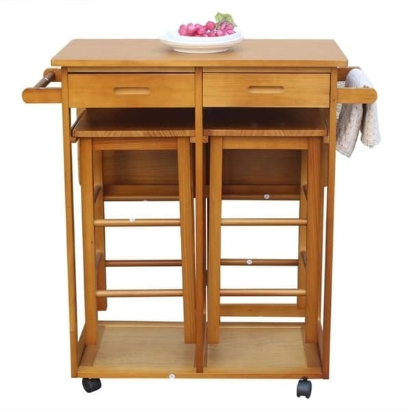 Marrone/giallo, pieghevole, carrello da cucina a 3 posti con sgabelli