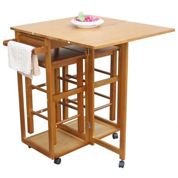 Marrone/giallo, pieghevole, carrello da cucina a 3 posti con sgabelli