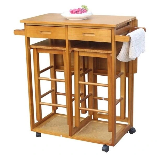 Marrone/giallo, pieghevole, carrello da cucina a 3 posti con sgabelli