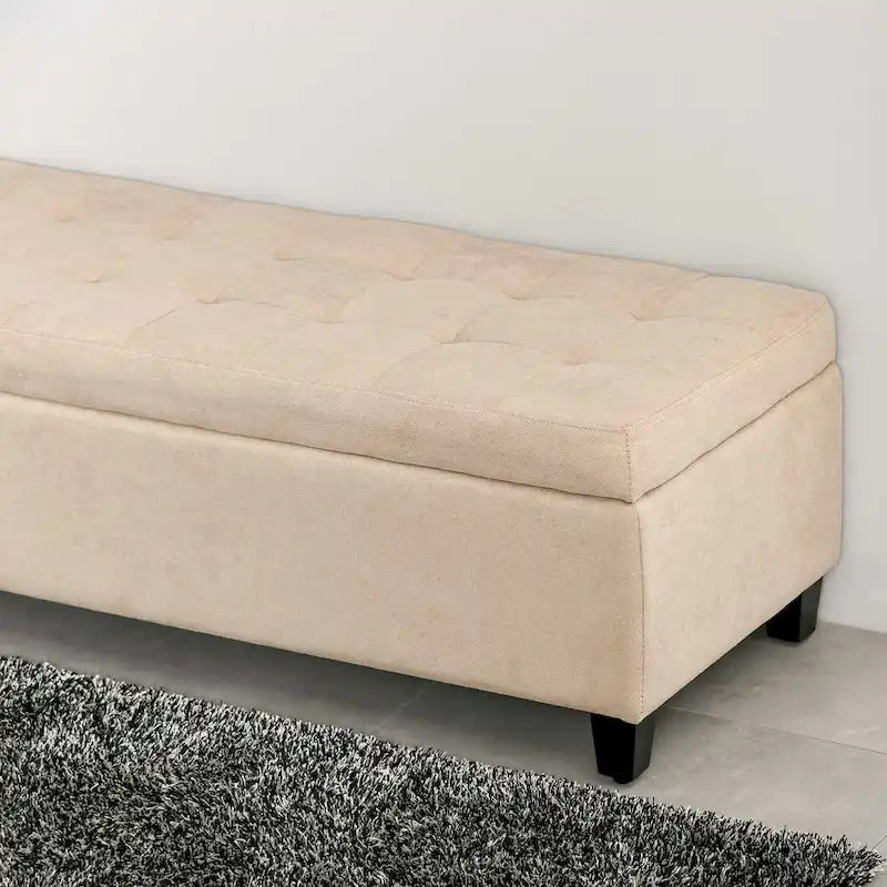 Beige Tufted Linen Storage Ottoman Bench, 1-Person