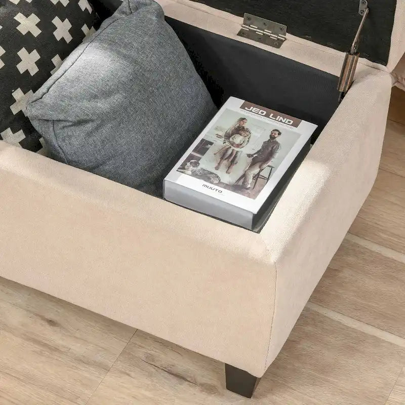 Beige Tufted Linen Storage Ottoman Bench, 1-Person