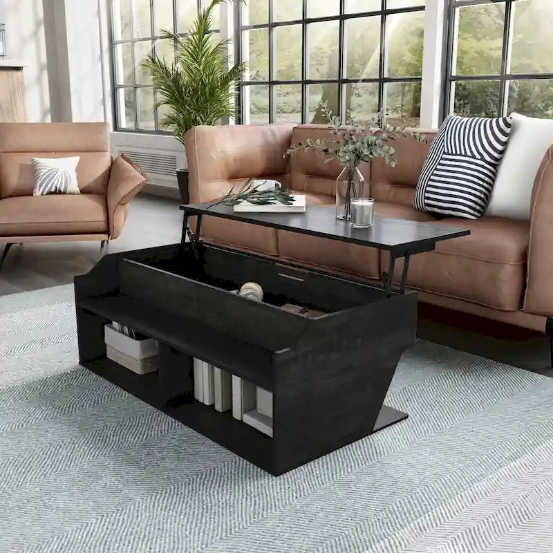 Reclaimed Black Oak 44" Lift-Top Coffee Table with Storage, Transitional Style