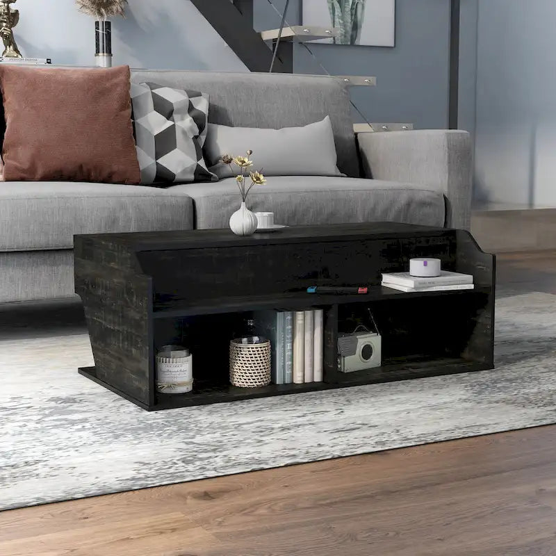 Reclaimed Black Oak 44" Lift-Top Coffee Table with Storage, Transitional Style