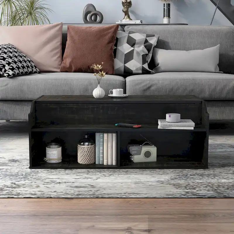 Reclaimed Black Oak 44" Lift-Top Coffee Table with Storage, Transitional Style