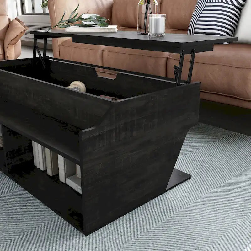 Reclaimed Black Oak 44" Lift-Top Coffee Table with Storage, Transitional Style