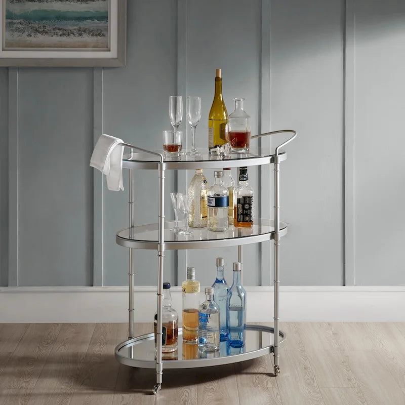 Carrello bar a 3 ripiani argento/oro antico con ripiani in vetro e specchio