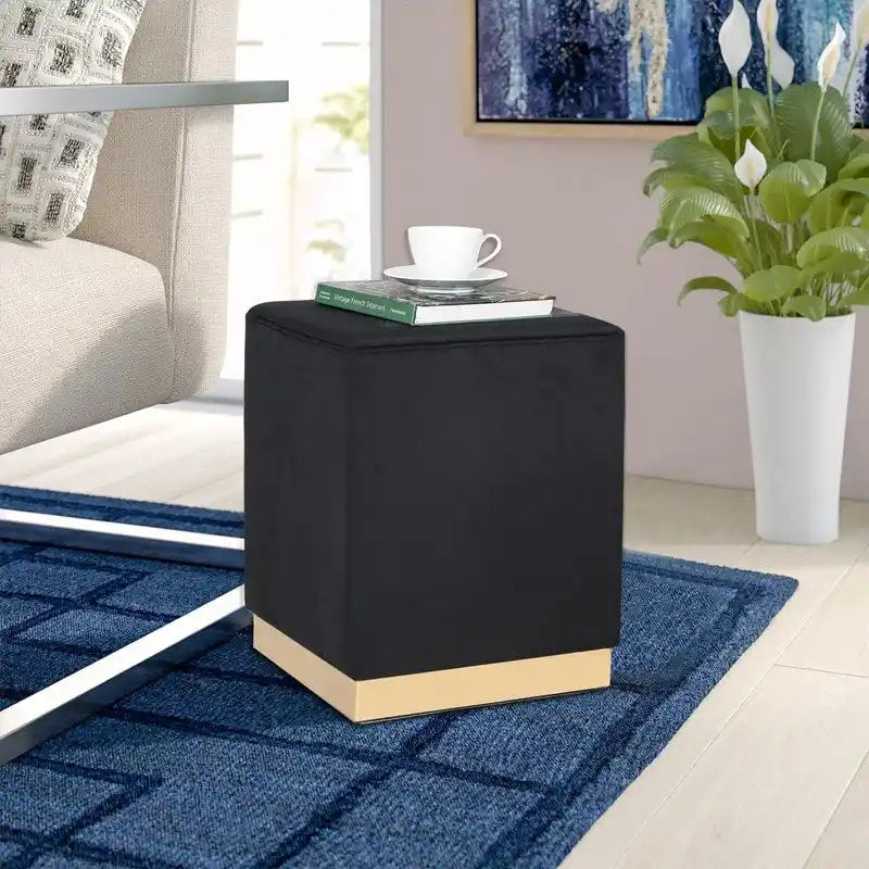 Square Velvet Ottoman Footstool with Gold Trim, Single Seat
