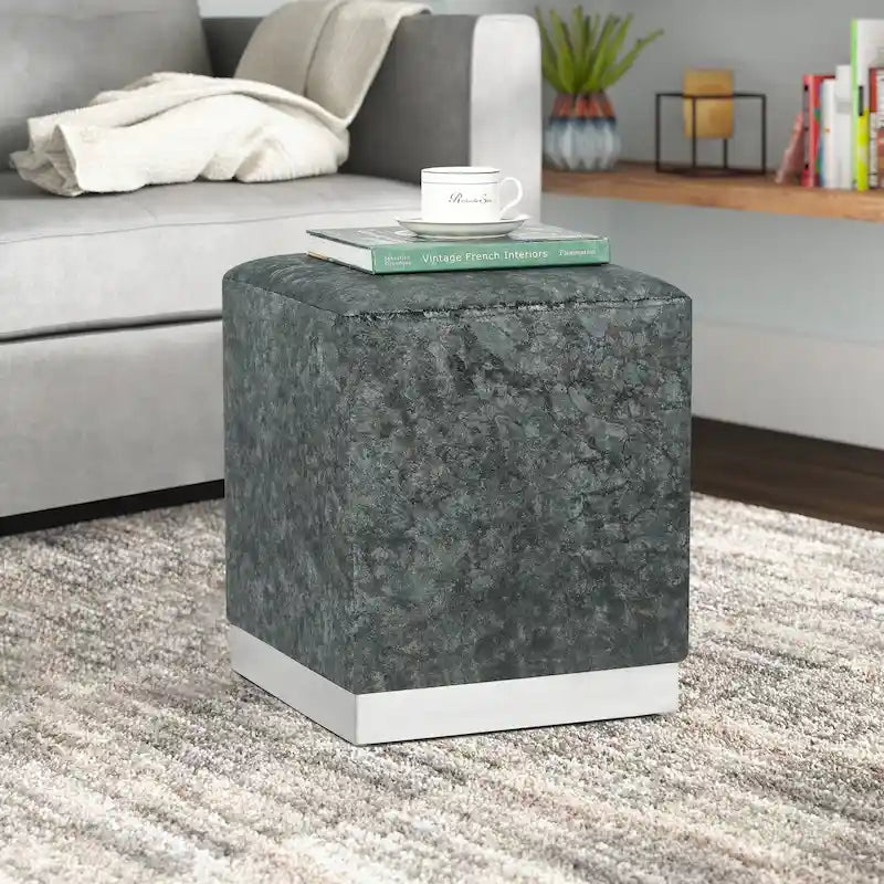 Square Velvet Ottoman Footstool with Gold Trim, Single Seat