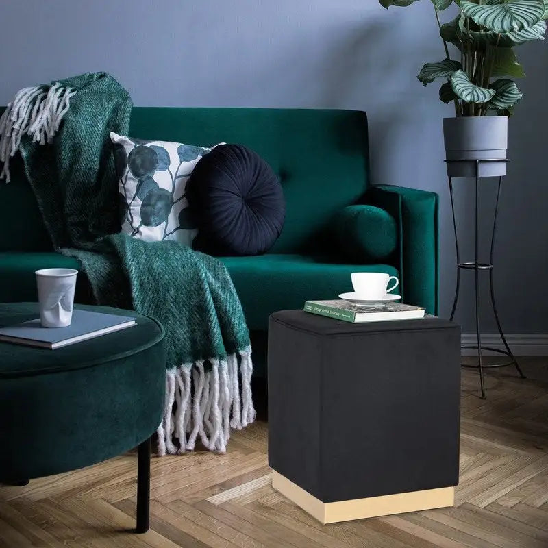 Square Velvet Ottoman Footstool with Gold Trim, Single Seat