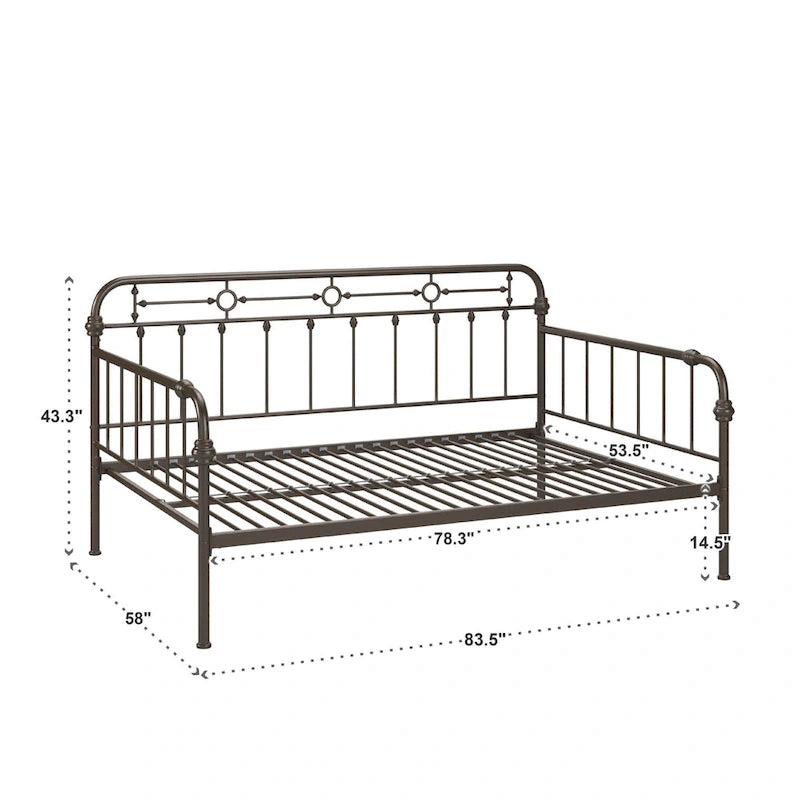 Letto da giorno matrimoniale in metallo color bronzo scuro, stile a pioli, per 1–2 persone