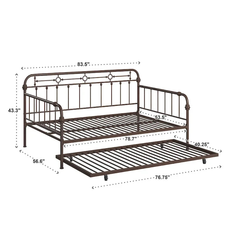 Letto da giorno matrimoniale in metallo color bronzo scuro, stile a pioli, per 1–2 persone