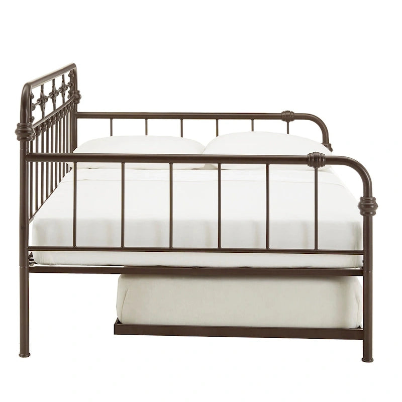 Letto da giorno matrimoniale in metallo color bronzo scuro, stile a pioli, per 1–2 persone
