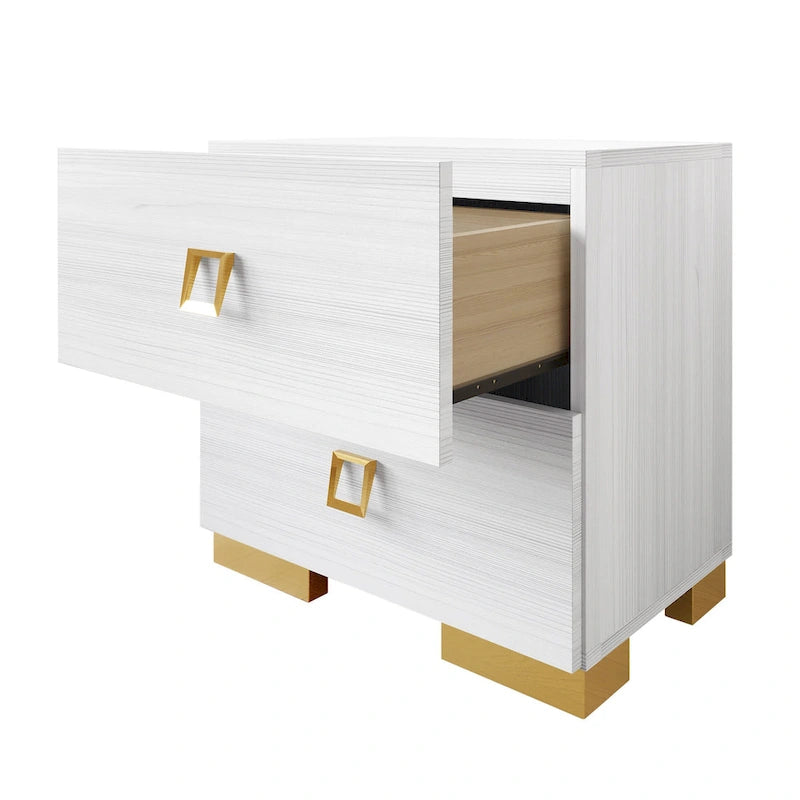 White/Black Modern 2-Drawer Nightstand – Gold Legs, Single