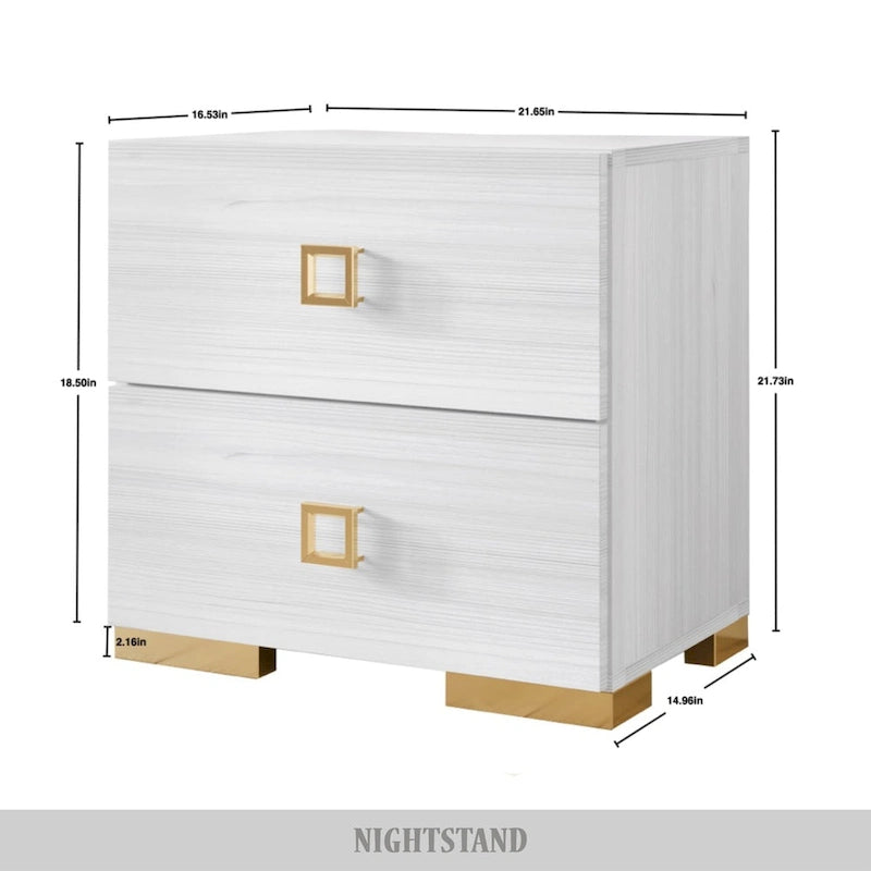 White/Black Modern 2-Drawer Nightstand – Gold Legs, Single