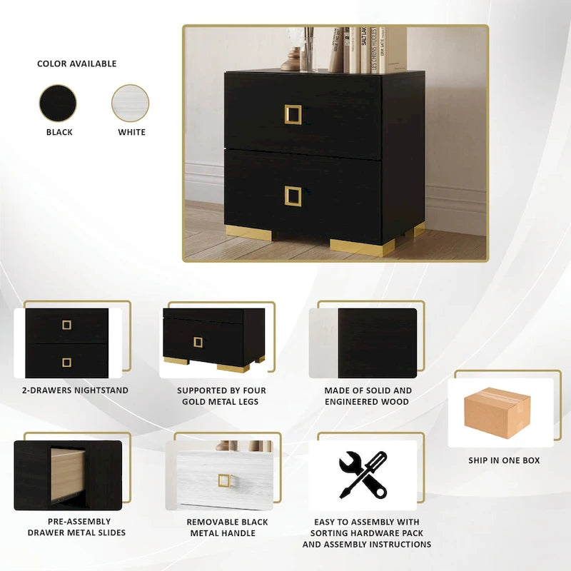 White/Black Modern 2-Drawer Nightstand – Gold Legs, Single