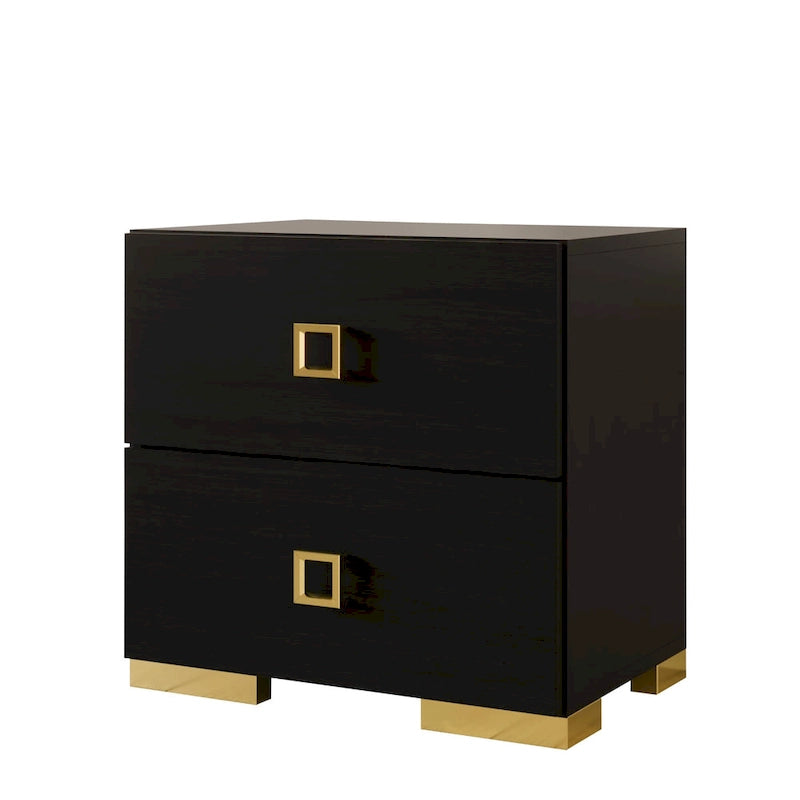 White/Black Modern 2-Drawer Nightstand – Gold Legs, Single