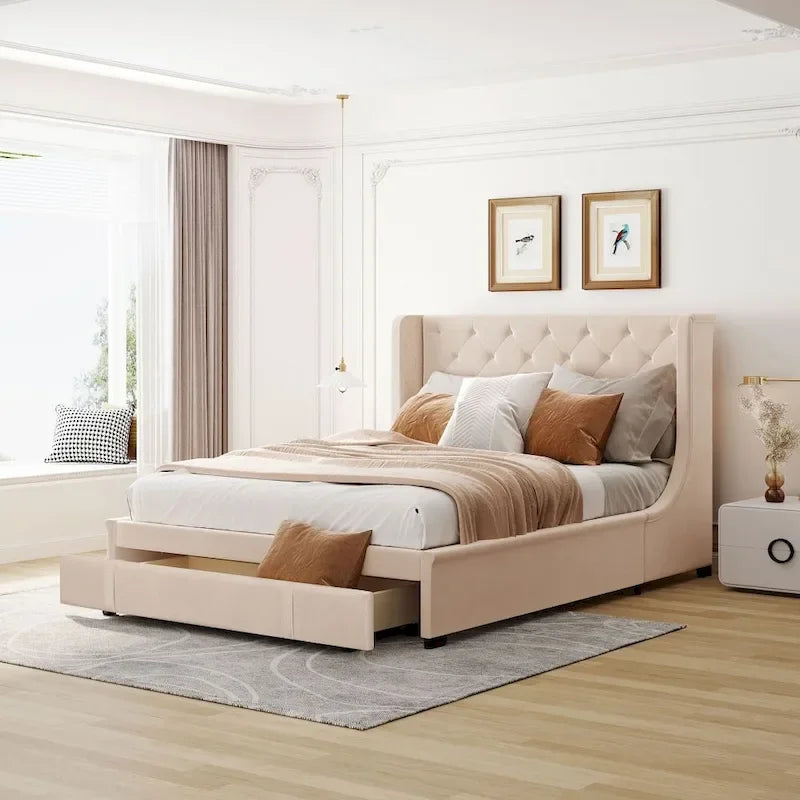 Letto contenitore con base a piattaforma e testiera ad ali in velluto grigio/blu/beige/rosa - queen size, per 1 persona