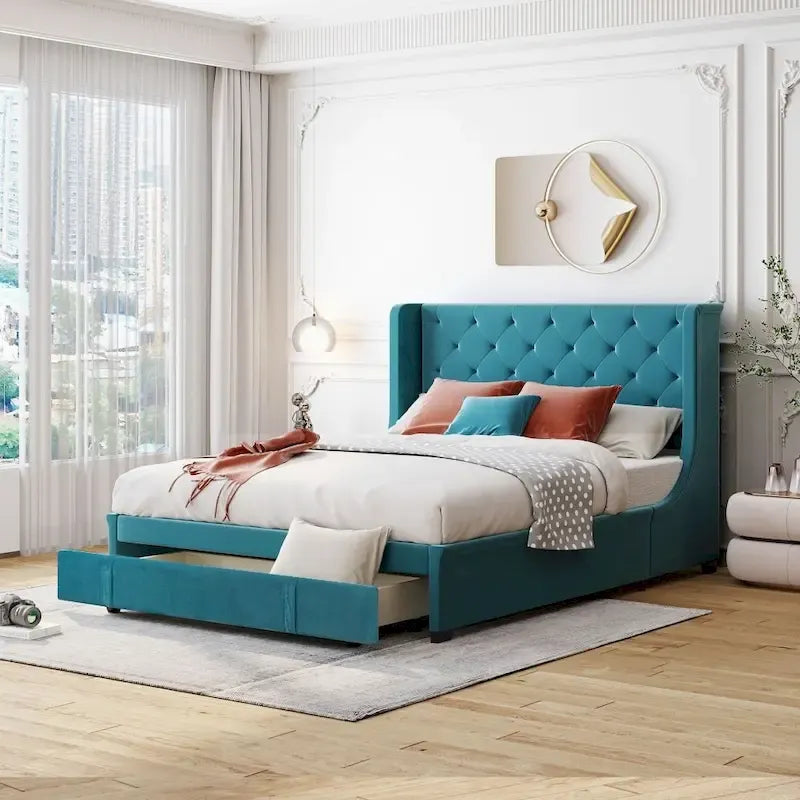Graues/blaues/beiges/rosafarbenes Samt-Polsterbett mit Flügelkopfteil und Stauraum - Queen-Size, Montage durch eine Person
