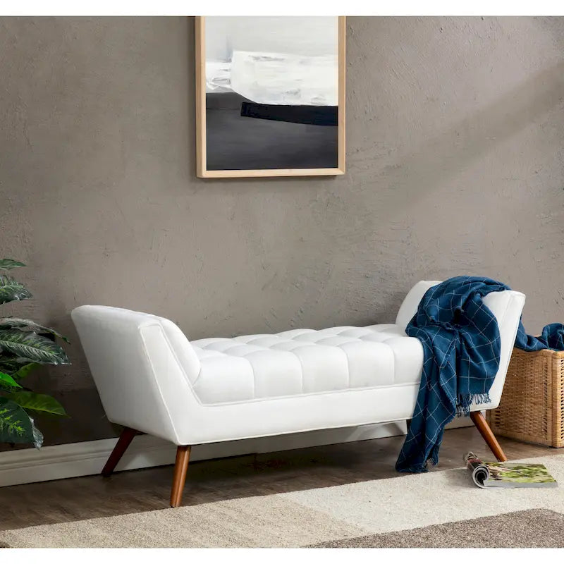 White / Light Grey Tufted Linen Bench, Mid-Century Style, 2-Person
