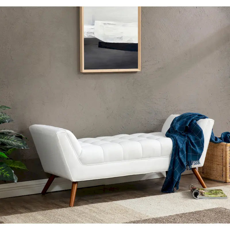 White / Light Grey Tufted Linen Bench, Mid-Century Style, 2-Person