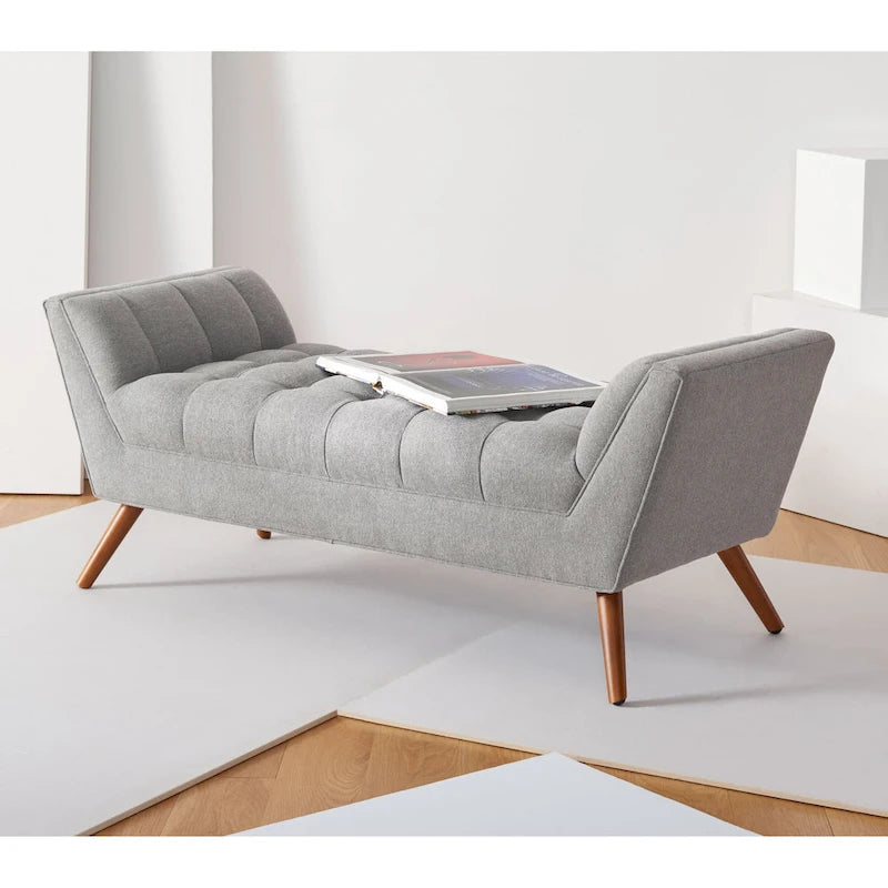 White / Light Grey Tufted Linen Bench, Mid-Century Style, 2-Person