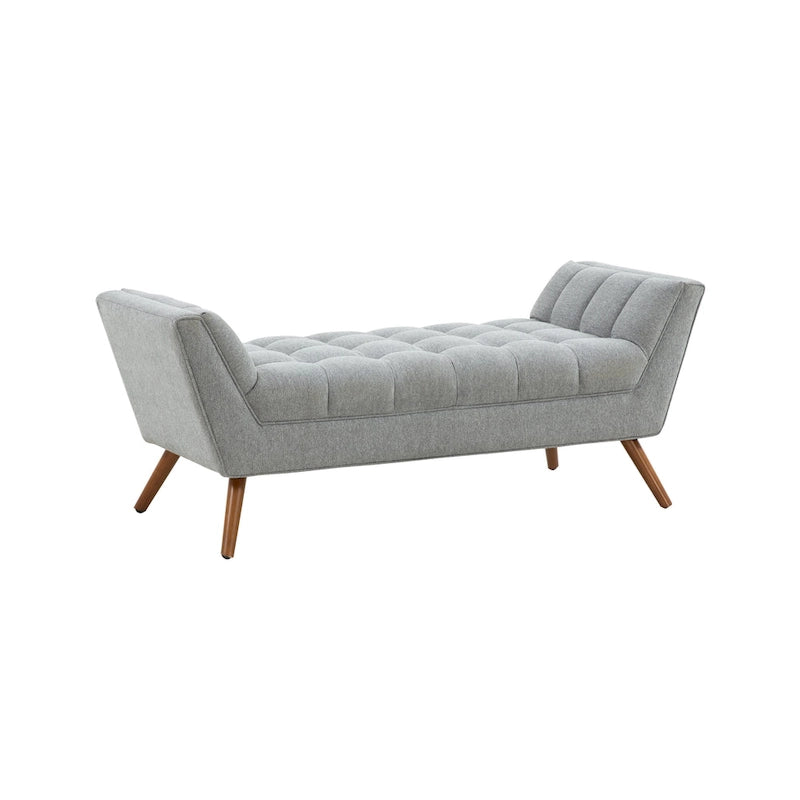 White / Light Grey Tufted Linen Bench, Mid-Century Style, 2-Person