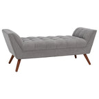 White / Light Grey Tufted Linen Bench, Mid-Century Style, 2-Person