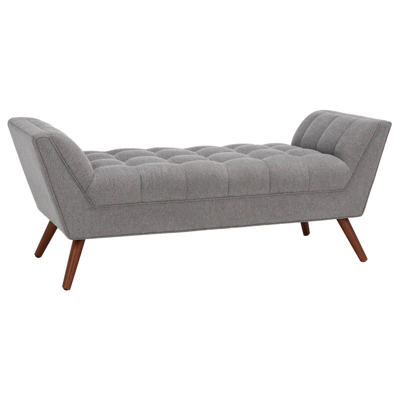 White / Light Grey Tufted Linen Bench, Mid-Century Style, 2-Person