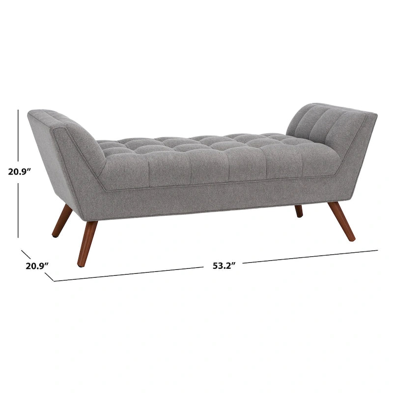 White / Light Grey Tufted Linen Bench, Mid-Century Style, 2-Person