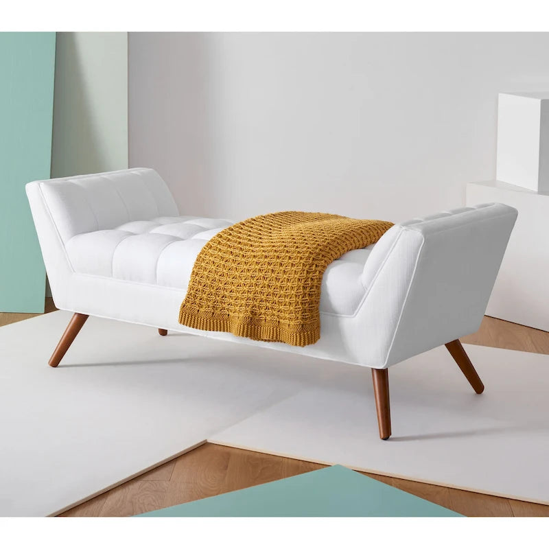 White / Light Grey Tufted Linen Bench, Mid-Century Style, 2-Person