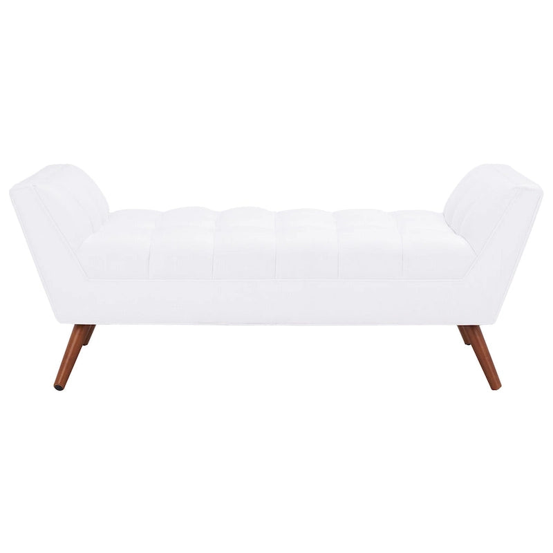 White / Light Grey Tufted Linen Bench, Mid-Century Style, 2-Person