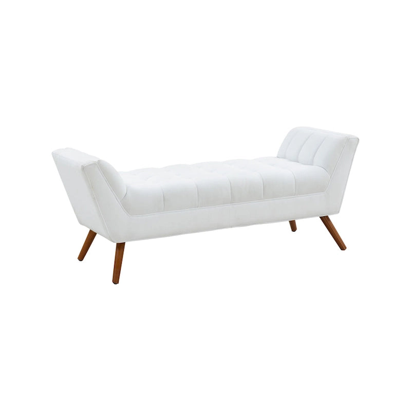 White / Light Grey Tufted Linen Bench, Mid-Century Style, 2-Person