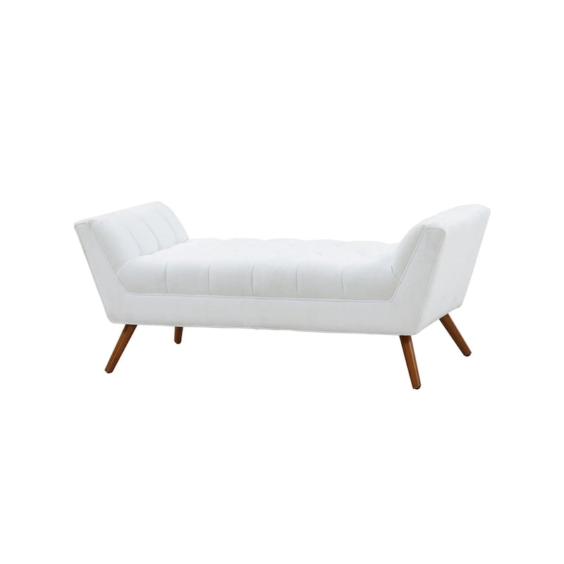 White / Light Grey Tufted Linen Bench, Mid-Century Style, 2-Person
