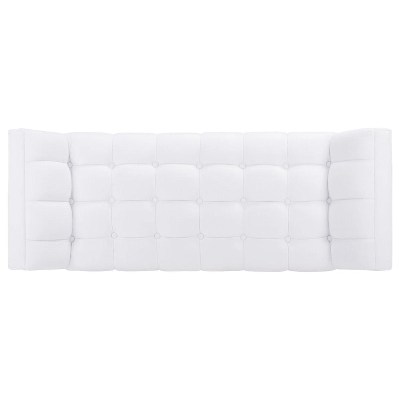 White / Light Grey Tufted Linen Bench, Mid-Century Style, 2-Person