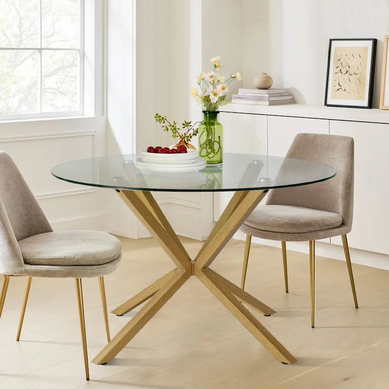 Brown Round Glass Dining Table, Mid-Century Style, Seats 2–4