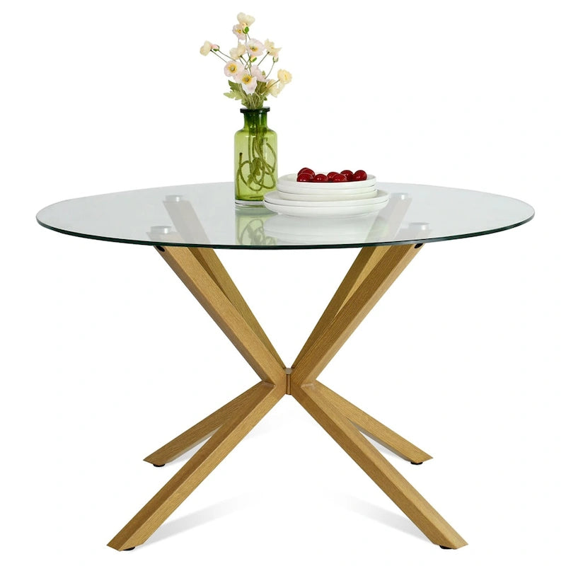 Brown Round Glass Dining Table, Mid-Century Style, Seats 2–4