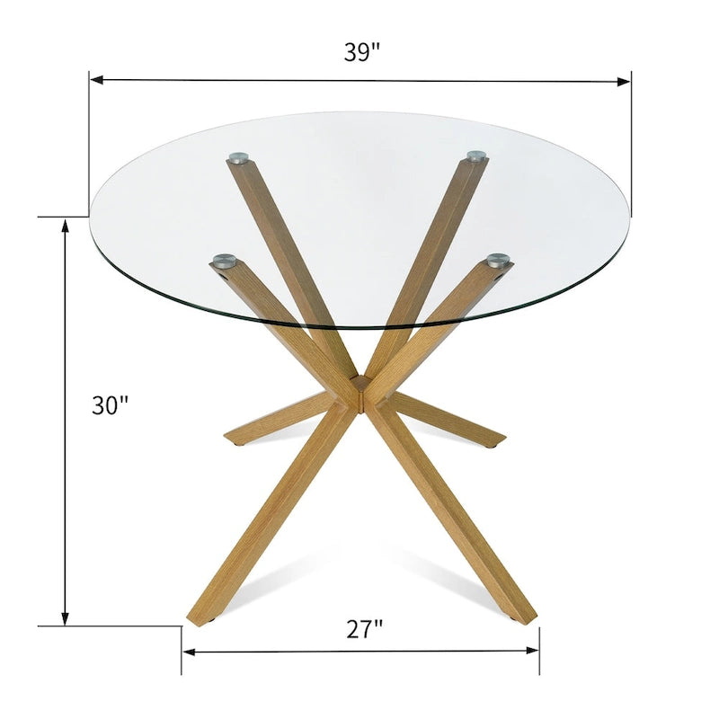 Brown Round Glass Dining Table, Mid-Century Style, Seats 2–4