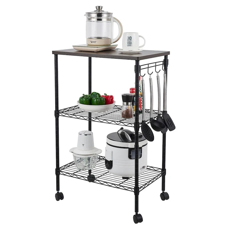 Black 3-Tier Metal Kitchen Cart with Wood Top, Single