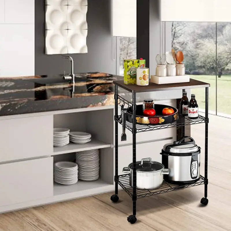 Carrello da Cucina Nero a 3 Ripiani in Metallo con Piano in Legno, Singolo