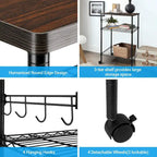 Carrello da Cucina Nero a 3 Ripiani in Metallo con Piano in Legno, Singolo