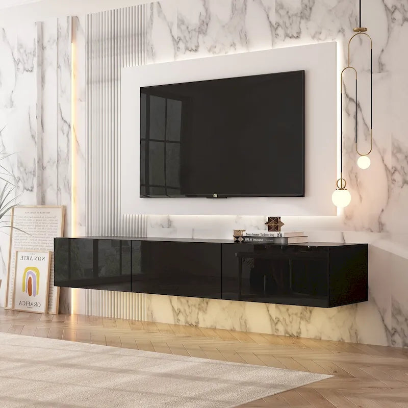 Mobile TV galleggiante a parete con luci LED, bianco e nero, adatto a TV fino a 75", montaggio con 1 persona