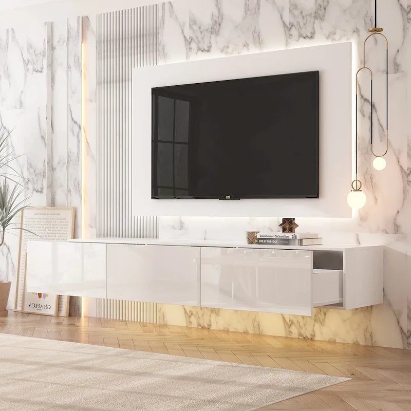 Mobile TV galleggiante a parete con luci LED, bianco e nero, adatto a TV fino a 75", montaggio con 1 persona