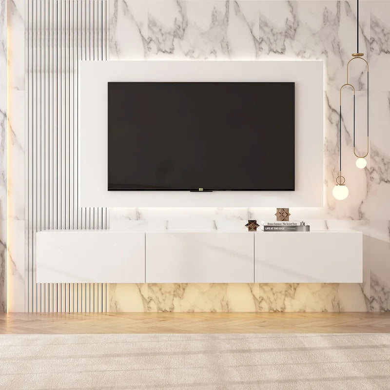 Mobile TV galleggiante a parete con luci LED, bianco e nero, adatto a TV fino a 75", montaggio con 1 persona